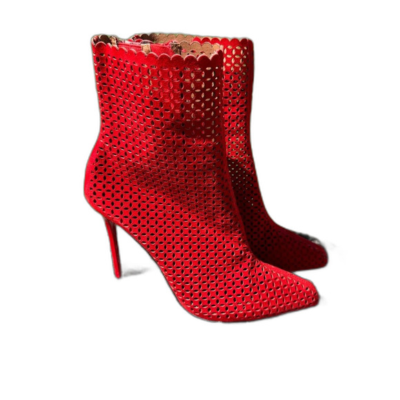 NWOT Jeffrey Campbell Suede Cutout Bootie Red Stiletto Heel Size 9 Pointy Toe - Picture 1 of 7